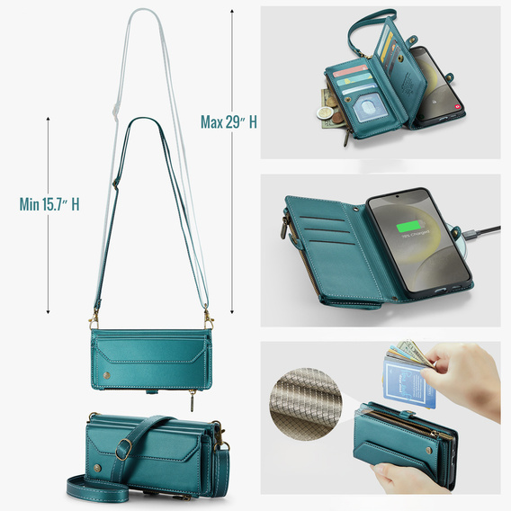 Чехол CASEME для Samsung Galaxy S25 FE, RFID Leather Wallet, с плечевым ремнем, зелёный