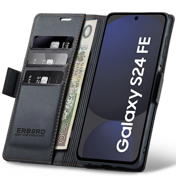 Чехол для Samsung Galaxy S24 FE, ERBORD Glossy Litchi, кошелек с клапаном, чёрный