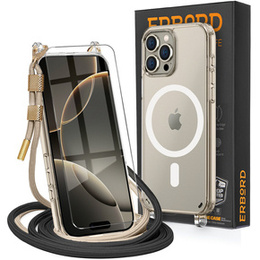 Чохол з ремінцем для iPhone 16 Pro Max, ERBORD MagSafe, прозорий + захисне скло