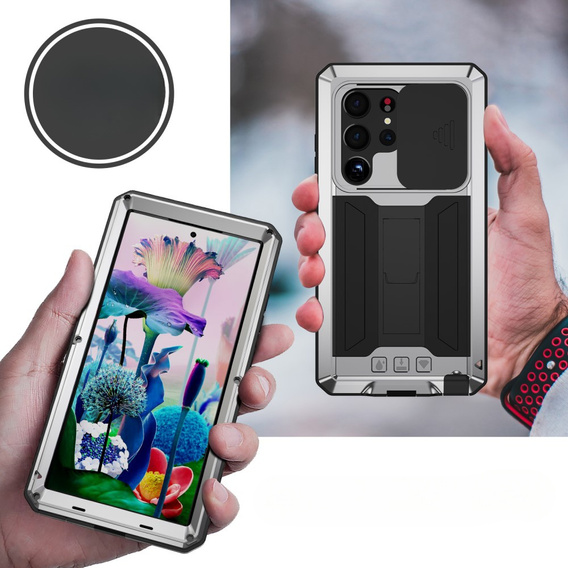 Бронированный чехол для Samsung Galaxy S23 Ultra, R-JUST CamShield Slide, серебряный