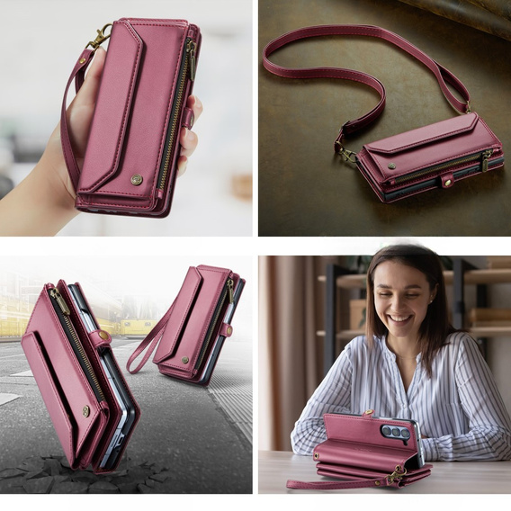 Чехол CASEME для Samsung Galaxy Z Fold6 5G, RFID Leather Wallet, с плечевым ремнем, красный