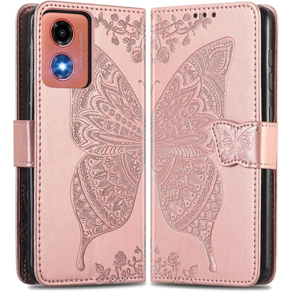 Откидной чехол для Motorola Moto E14, Butterfly, розовый rose gold