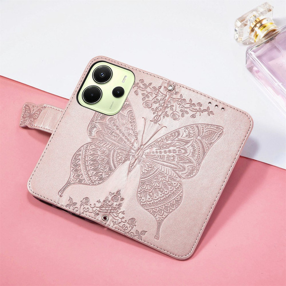 Чохол-книжка для Xiaomi Redmi Note 14 4G, Butterfly, рожевий rose gold