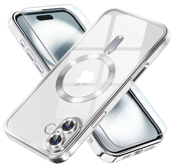 Чехол для iPhone 16 Plus, Electro MagSafe, серебряный + стекло для экрана