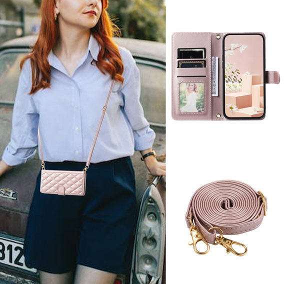 Чохол-сумка для Samsung Galaxy A55 5G, Rhombus Crossbody Leather, рожевий rose gold