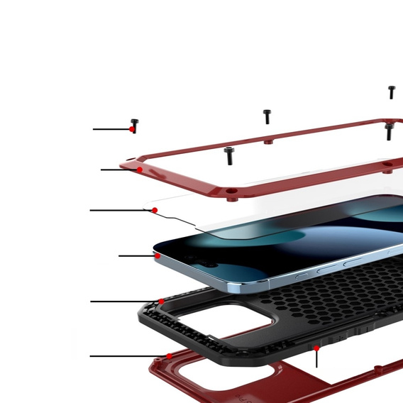 Чехол для iPhone 15 Pro Max, бронированный, со встроенным стеклом, красный