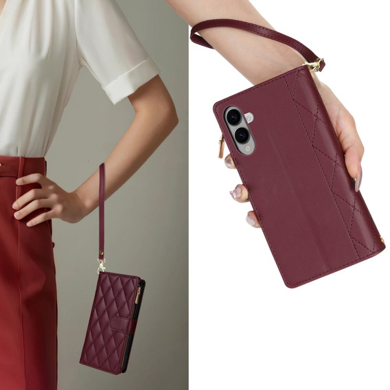Чохол-сумка для Samsung Galaxy S25 Edge, Rhombus Crossbody Leather, бордовий