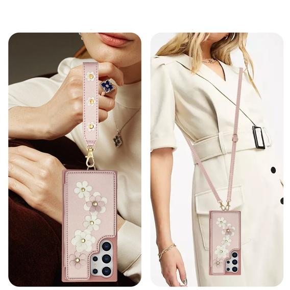 Чохол для Samsung Galaxy S25 Ultra, Leather Flower Card Slot, рожевий