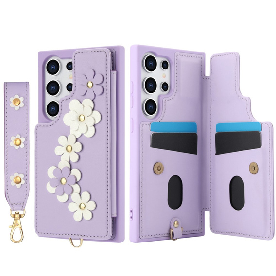 Чохол для Samsung Galaxy S24 Ultra, Leather Flower Card Slot, фіолетовий