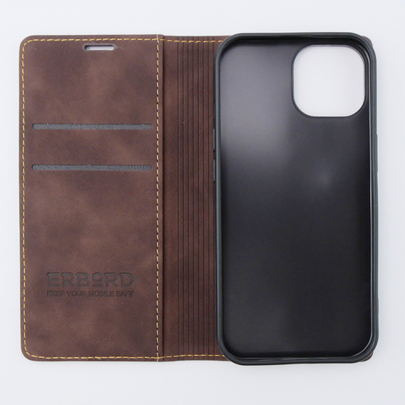 Чехол для iPhone 15, ERBORD Vintage, бумажник с клапаном, кофе