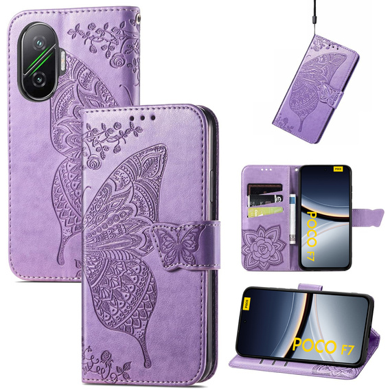 Откидной чехол для Xiaomi Poco F7, Butterfly, фиолетовый