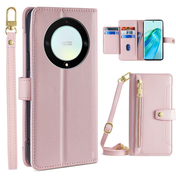Откидной чехол для Honor Magic5 Lite, Wallet Zipper Pocket, розовый
