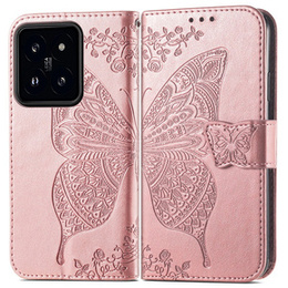 Откидной чехол для Xiaomi 14T, Butterfly, розовый rose gold