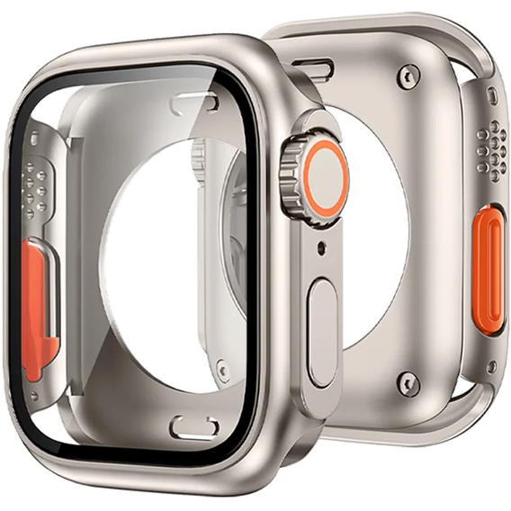 2в1 чехол и защитное стекло для часов Apple Watch 7/8 45MM, Titanium Gold/Orange