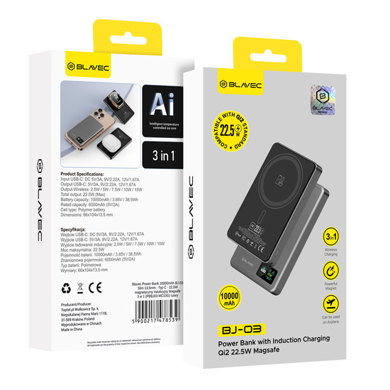 Blavec Power Bank 10000mAh BJ-03 Slim 13.5mm - Type C - 22.5W, MagSafe 3in1 - серый