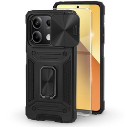 Бронированный чехол для Xiaomi Redmi Note 13 5G, CamShield Slide, черный + закаленное стекло 9H