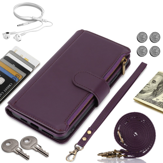 Откидной чехол для Samsung Galaxy S24 Ultra, Wallet Zipper Pocket RFID, с плечевым ремнем, чёрный