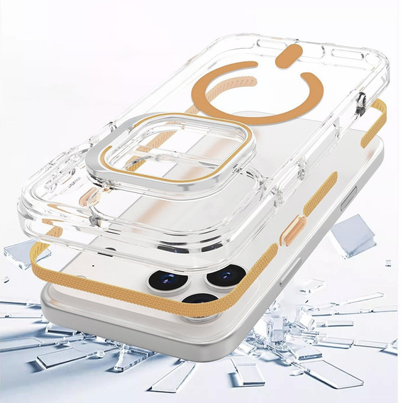 Чехол для iPhone 17 Pro Max, для MagSafe, с подставкой, прозрачный с золотыми вставками
