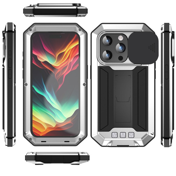 Чехол для iPhone 15 Pro, R-JUST CamShield Slide, бронированный, серебряный / черный