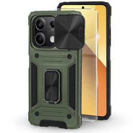 Бронированный чехол для Xiaomi Redmi Note 13 5G, CamShield Slide, зелёный + закаленное стекло 9H
