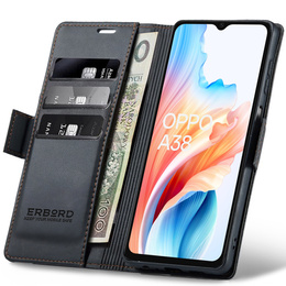 Чохол для Oppo A18 4G / A38 4G, ERBORD Glossy Litchi, гаманець з клапаном, чорний