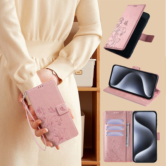 Откидной чехол для Motorola Moto E14, Butterfly, розовый rose gold