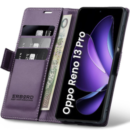 Чохол для Oppo Reno 13 Pro, ERBORD Glossy Litchi, гаманець з клапаном, фіолетовий
