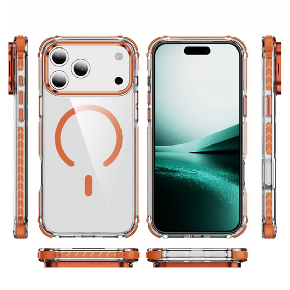 Бронированный чехол MagSafe прозрачный с оранжевыми боками для iPhone 17 Pro