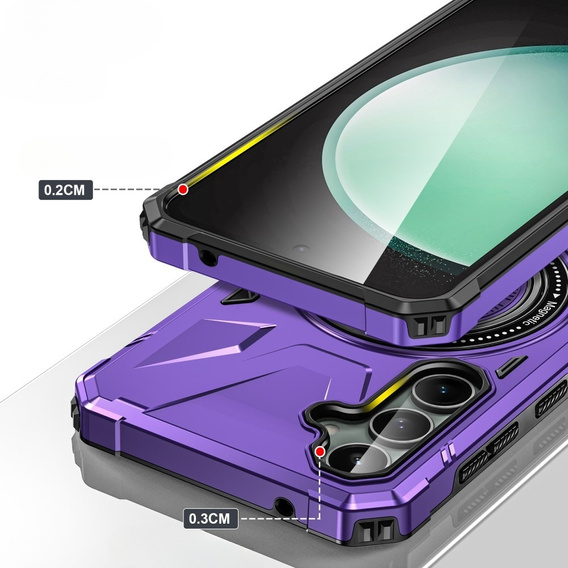 Чехол для Samsung Galaxy A15 5G, бронированный с подставкой и ручкой-планшетом, фиолетовый + 9H стекло