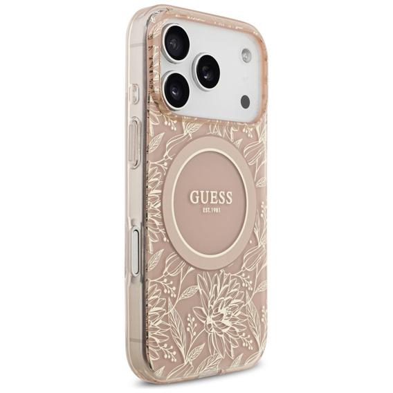 Чехол Guess IML Flowers Electroplated Allover With Beads Strap, для MagSafe, с ремешком для iPhone 17 Pro