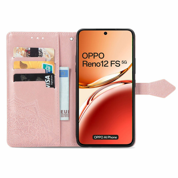Чохол-книжка для Oppo Reno 12FS / 12F, Mandala, рожевий rose gold