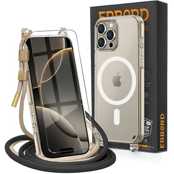 Чохол з ремінцем для iPhone 16 Pro Max, ERBORD MagSafe, прозорий + захисне скло