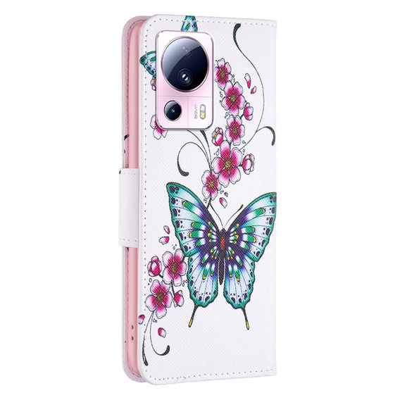 Откидной чехол для Xiaomi 13 Lite, Wallet, butterfly & flowers, белый
