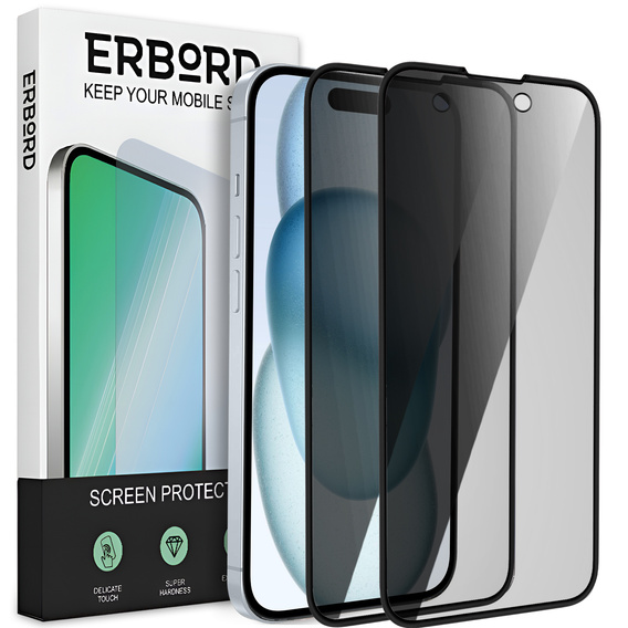 2x закаленное защитное стекло для iPhone 15 Plus, ERBORD Anti-Spy
