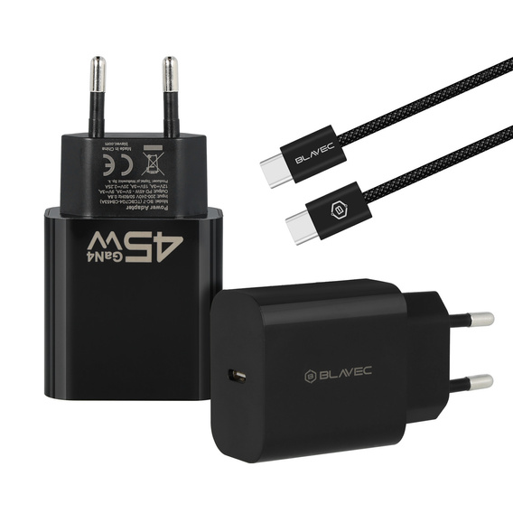Сетевое зарядное устройство Blavec GaN4 45 Вт USB-C PD/QC с USB-C - Кабель USB-C для устройств с USB-C: смартфонов, планшетов и легких ноутбуков