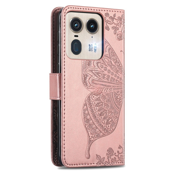 Откидной чехол для Motorola Edge 50 Ultra, Butterfly, розовый rose gold