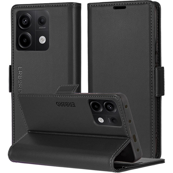 Чехол для Xiaomi Redmi Note 13 Pro 5G, ERBORD Glossy Litchi, кошелек с клапаном, чёрный