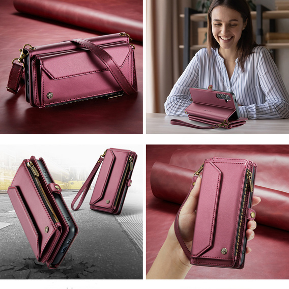 Чехол CASEME для Samsung Galaxy S25 FE, RFID Leather Wallet, с плечевым ремнем, красный