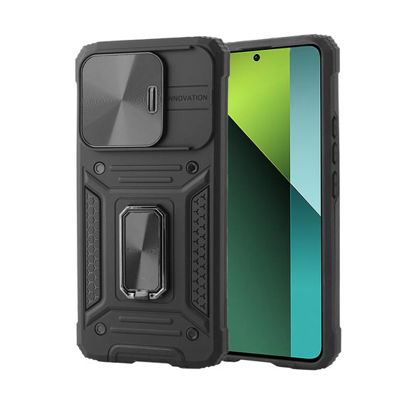 Броньований чохол для Xiaomi Redmi Note 13 Pro 5G, CamShield Slide, чорний + Загартоване скло 9H