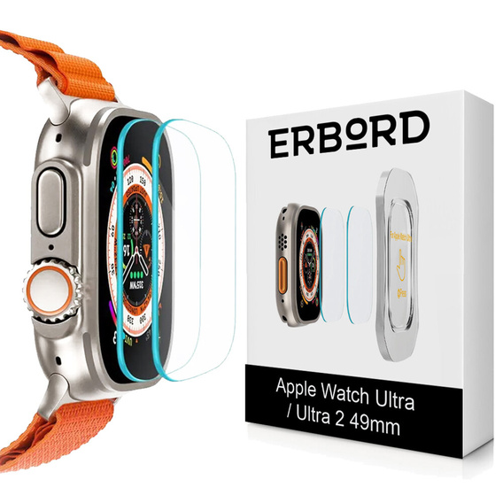 2x закаленное стекло с монтажной рамкой ERBORD для Apple Watch Ultra 1/2/3 49 мм