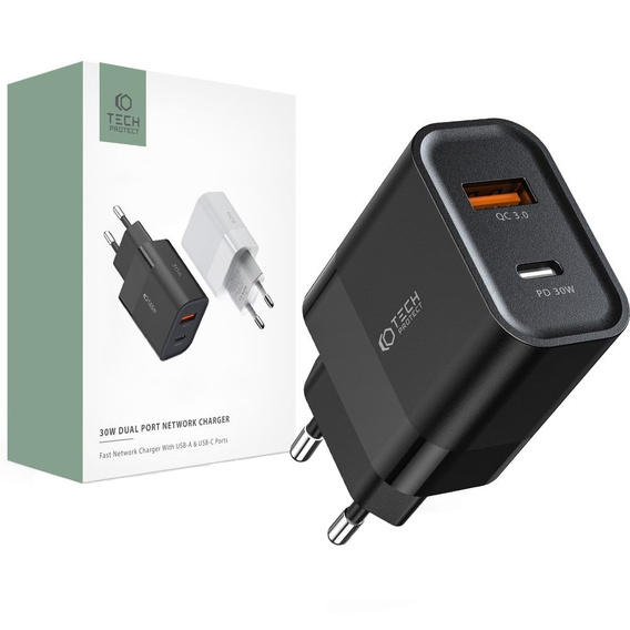 Tech-Protect C30W QC3.0 універсальний зарядний пристрій USB-A USB-C, Black
