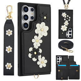 Чехол для Samsung Galaxy S25 Ultra, Leather Flower Card Slot, чёрный