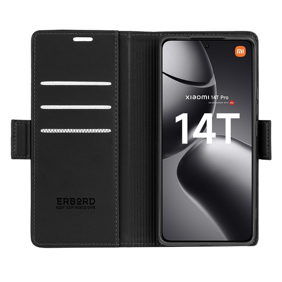 Чохол для Xiaomi 14T Pro, ERBORD Glossy Litchi, гаманець з клапаном, чорний