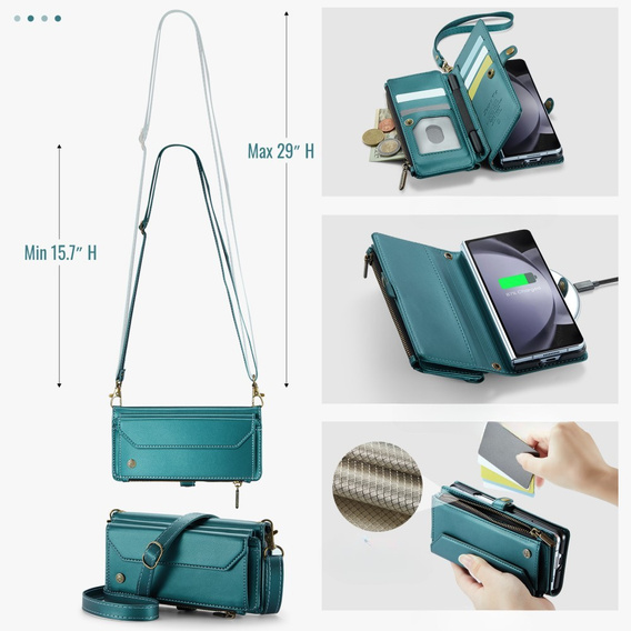 Чехол CASEME для Samsung Galaxy Z Fold6 5G, RFID Leather Wallet, с плечевым ремнем, зелёный