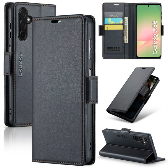 Чехол для Samsung Galaxy A56, ERBORD Glossy Litchi, кошелек с клапаном, чёрный