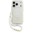 Чехол Guess IML Flowers Electroplated Allover With Beads Strap, для MagSafe, с ремешком для iPhone 17 Pro