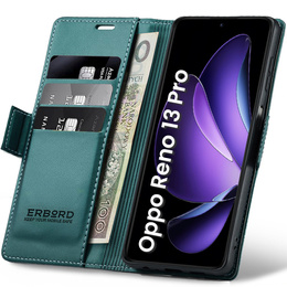 Чехол для Oppo Reno 13 Pro, ERBORD Glossy Litchi, кошелек с клапаном, зелёный