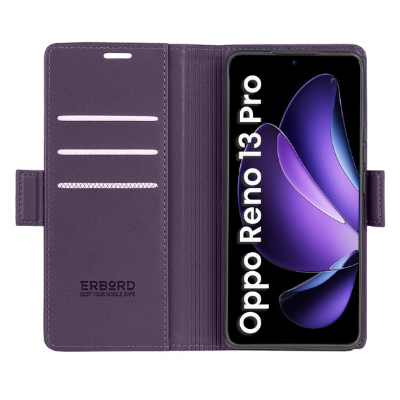 Чохол для Oppo Reno 13 Pro, ERBORD Glossy Litchi, гаманець з клапаном, фіолетовий