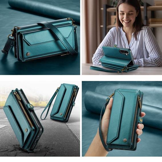 Чехол CASEME для Samsung Galaxy A56 5G, RFID Leather Wallet, с плечевым ремнем, зелёный