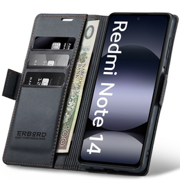 Чехол для Xiaomi Redmi Note 14 5G, ERBORD Glossy Litchi, кошелек с клапаном, чёрный